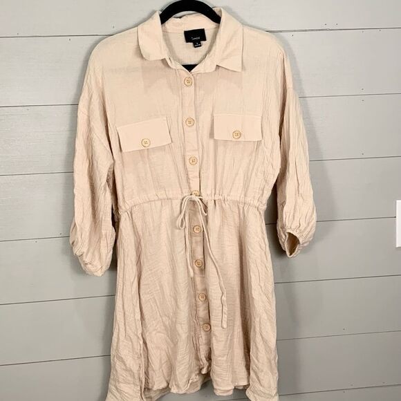 Lumiere tan colored muslin tie waist button-down knee length dress size small - Picture 1 of 10